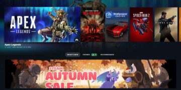 نمای منوی استیم در حالت Big Picture شامل فهرست بازی‌های محبوبی مثل Apex Legends، Gears of War: E-Day و Spider-Man 2 به همراه بنر ویژه فروش پاییزی استیم (Steam Autumn Sale)