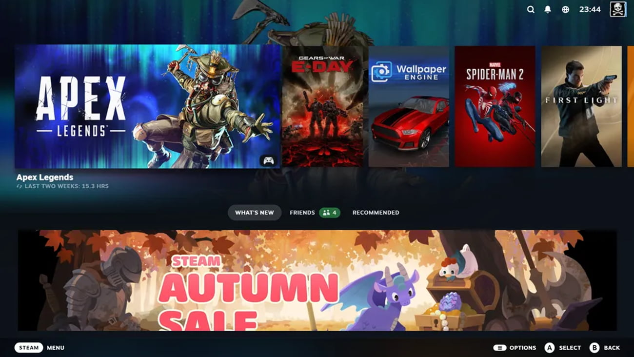 نمای منوی استیم در حالت Big Picture شامل فهرست بازیهای محبوبی مثل Apex Legends، Gears of War: E-Day و Spider-Man 2 به همراه بنر ویژه فروش پاییزی استیم (Steam Autumn Sale)
