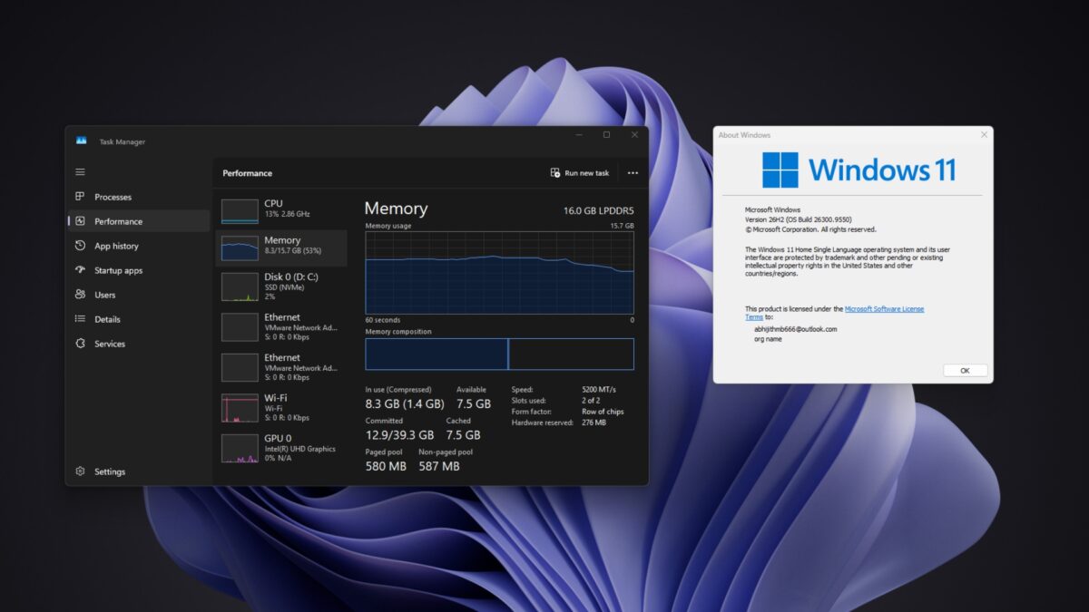 پنجره مدیریت وظایف (Task Manager) ویندوز ۱۱ در بخش عملکرد (Performance) رم، میزان مصرف حافظه و جزئیات مربوط به نسخه ۲۶H2 را در کنار پنجره اطلاعات سیستمعامل نشان میدهد.