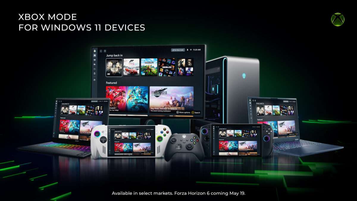 بنر تبلیغاتی Xbox Mode برای دستگاه‌های ویندوز ۱۱؛ چند لپ‌تاپ، دستی دستی (Handheld)، کنترلر ایکس‌باکس و کیس Alienware با رابط برنامه ایکس‌باکس و فهرست بازی‌هایی مثل Forza Horizon، Minecraft، Roblox و Final Fantasy VII Remake در برابر پس‌زمینه سیاه با نورهای سبز نئونی، همراه با لوگوی ایکس‌باکس و متن معرفی