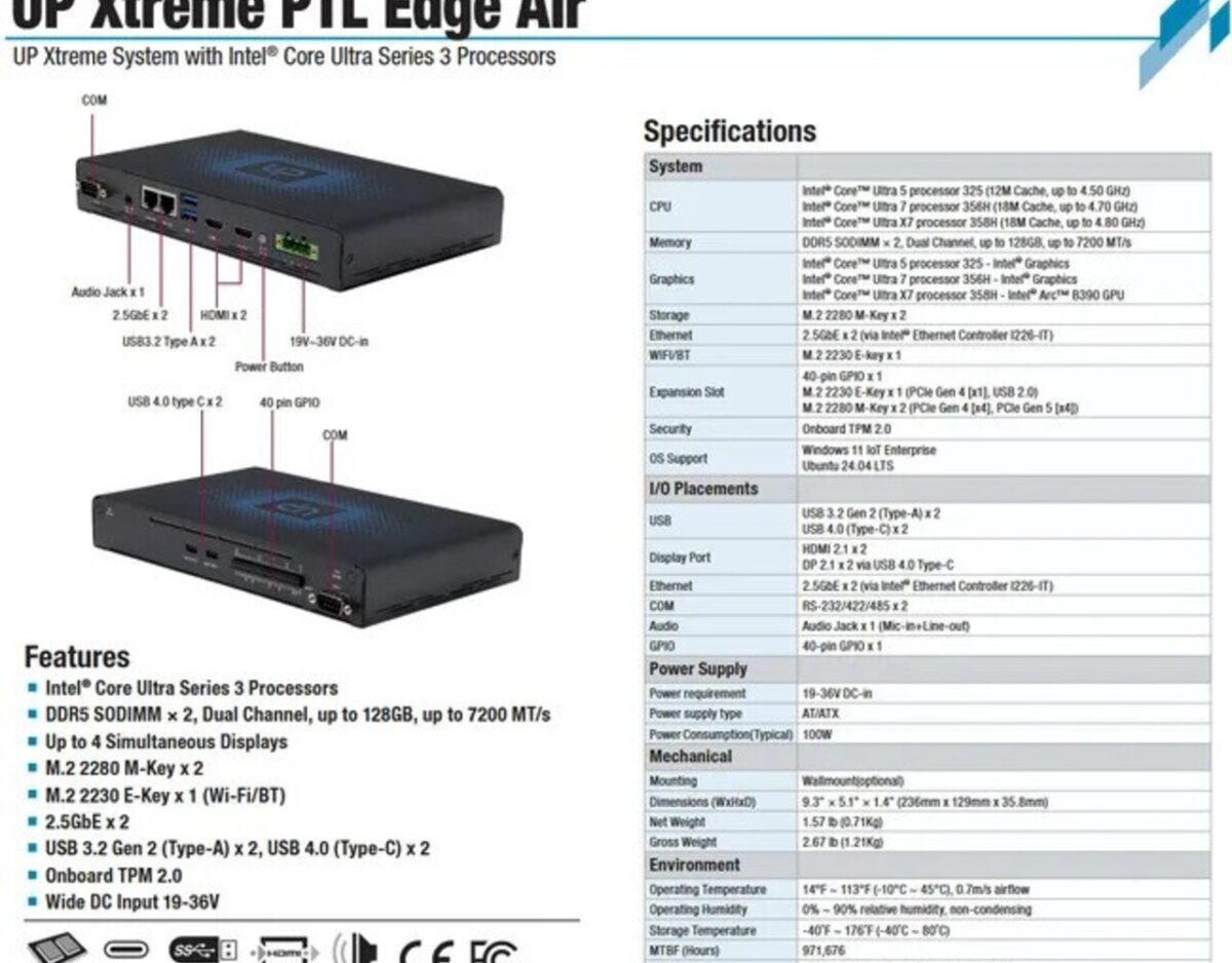 تصویری از مشخصات مینیپیسی Up Xtreme PTL Edge Air