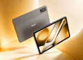 نمای روبه‌رو و پشت تبلت خاکستری Acer Iconia Tab 12 5G با نمایشگر تمام‌صفحه و دوربین دوگانه پشتی، روی پس‌زمینه‌ای طلایی.