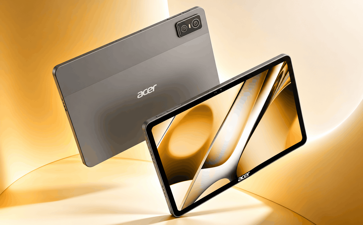 نمای روبه‌رو و پشت تبلت خاکستری Acer Iconia Tab 12 5G با نمایشگر تمام‌صفحه و دوربین دوگانه پشتی، روی پس‌زمینه‌ای طلایی.
