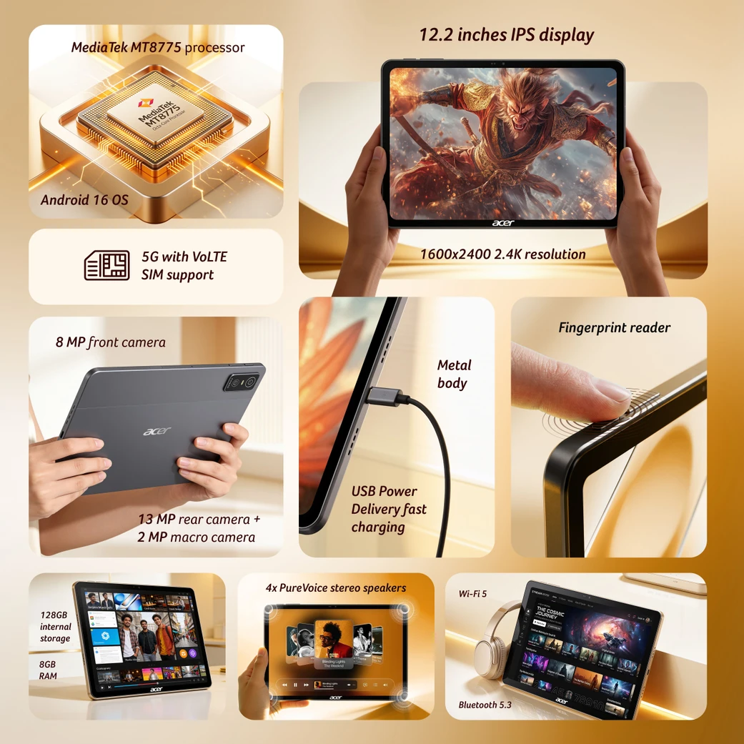 اینفوگرافیک تبلت Acer Iconia Tab 12 5G با نمایشگر ۱۲٫۲ اینچی IPS، وضوح 2.4K، پردازنده MediaTek MT8775، سیستمعامل Android 16، پشتیبانی از 5G، دوربینهای ۸ و ۱۳ مگاپیکسلی، بدنه فلزی و حسگر اثر انگشت.