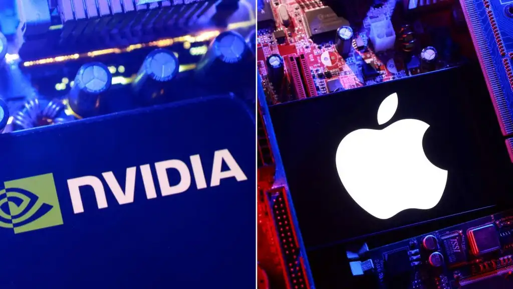تصویری ترکیبی و مفهومی از قطعات سختافزاری کامپیوتر؛ در سمت چپ لوگوی سبز رنگ انویدیا (NVIDIA) روی کارت گرافیک و در سمت راست لوگوی درخشان سیب اپل روی برد الکترونیکی دیده میشود.