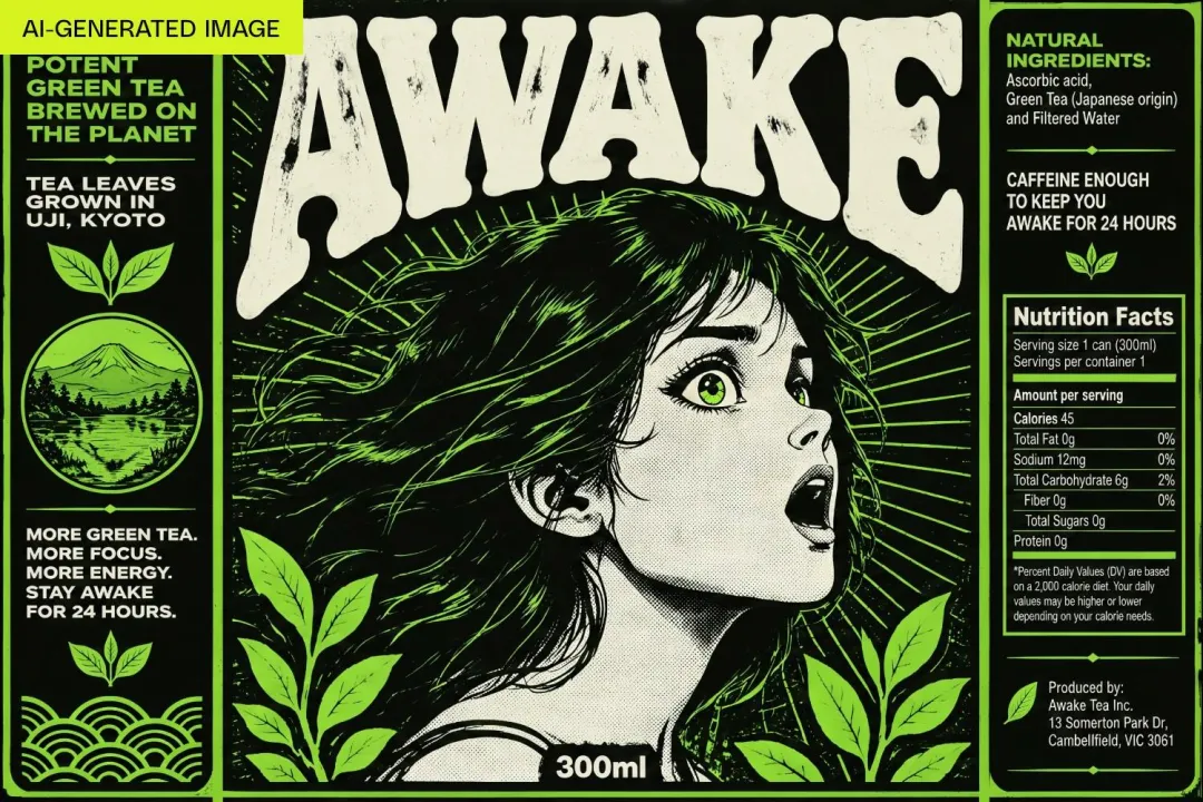 بستهبندی طراحیشده با هوش مصنوعی برای نوشیدنی چای سبز «Awake» با طرحی به سبک کمیک، شامل تصویر صورت زن، اطلاعات تغذیهای و مشخصات محصول در دو طرف.