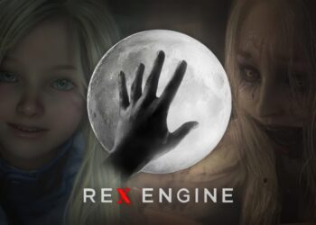 پوستر گرافیکی موتور بازی‌سازی REX Engine کپکام شامل تصویر دست روی کره ماه نورانی در مرکز، در کنار چهره دختربچه خندان (رز وینترز) در سمت چپ و چهره زامبی ترسناک در سمت راست.
