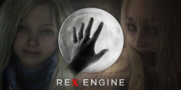 پوستر گرافیکی موتور بازیسازی REX Engine کپکام شامل تصویر دست روی کره ماه نورانی در مرکز، در کنار چهره دختربچه خندان (رز وینترز) در سمت چپ و چهره زامبی ترسناک در سمت راست.