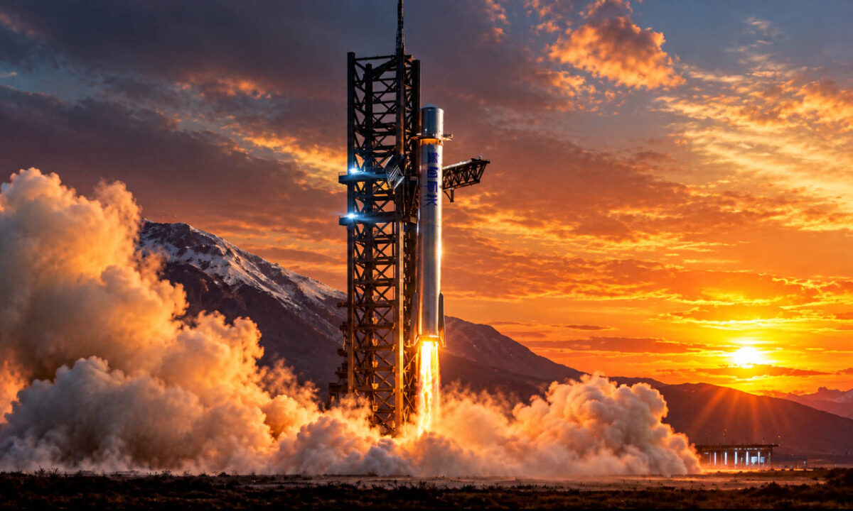 تصویرسازی موشک فضایی Nebula-2 چین در کنار برج پرتاب، با شعله‌های موتور و ابرهای دود در آسمان هنگام غروب خورشید 