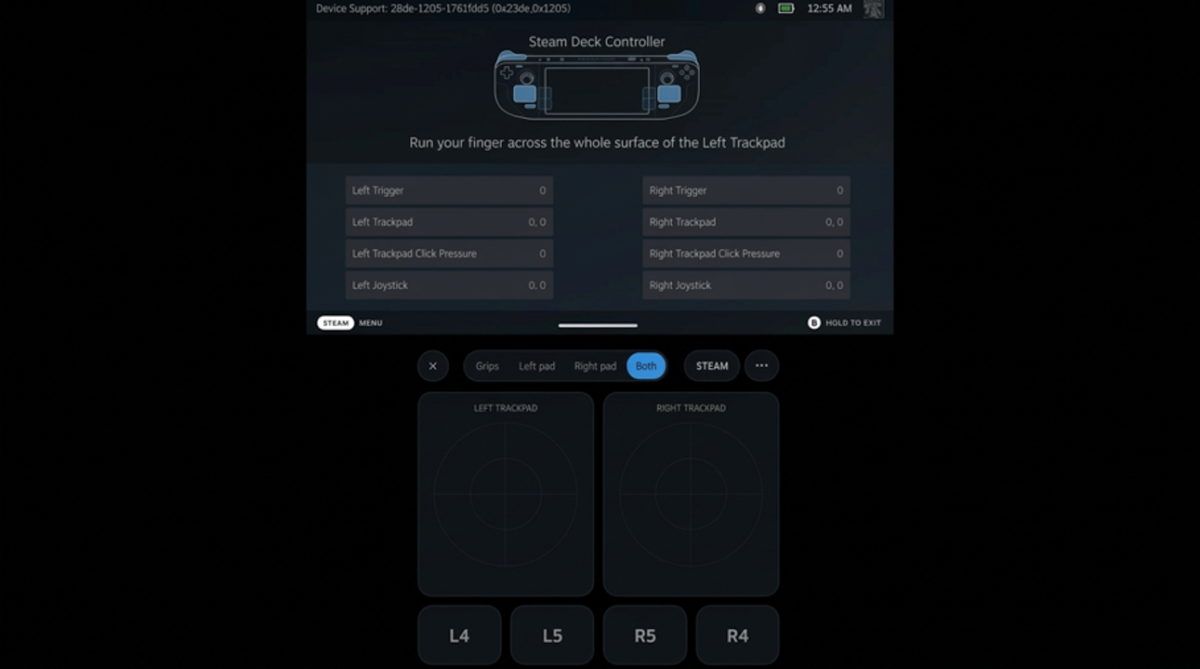 نمای نرمافزار تست کنترلر Steam Deck با نمایش وضعیت تراکپدها، تریگرها و آنالوگها، به همراه شماتیک L4، L5، R5 و R4 برای دستیار دوصفحهای
