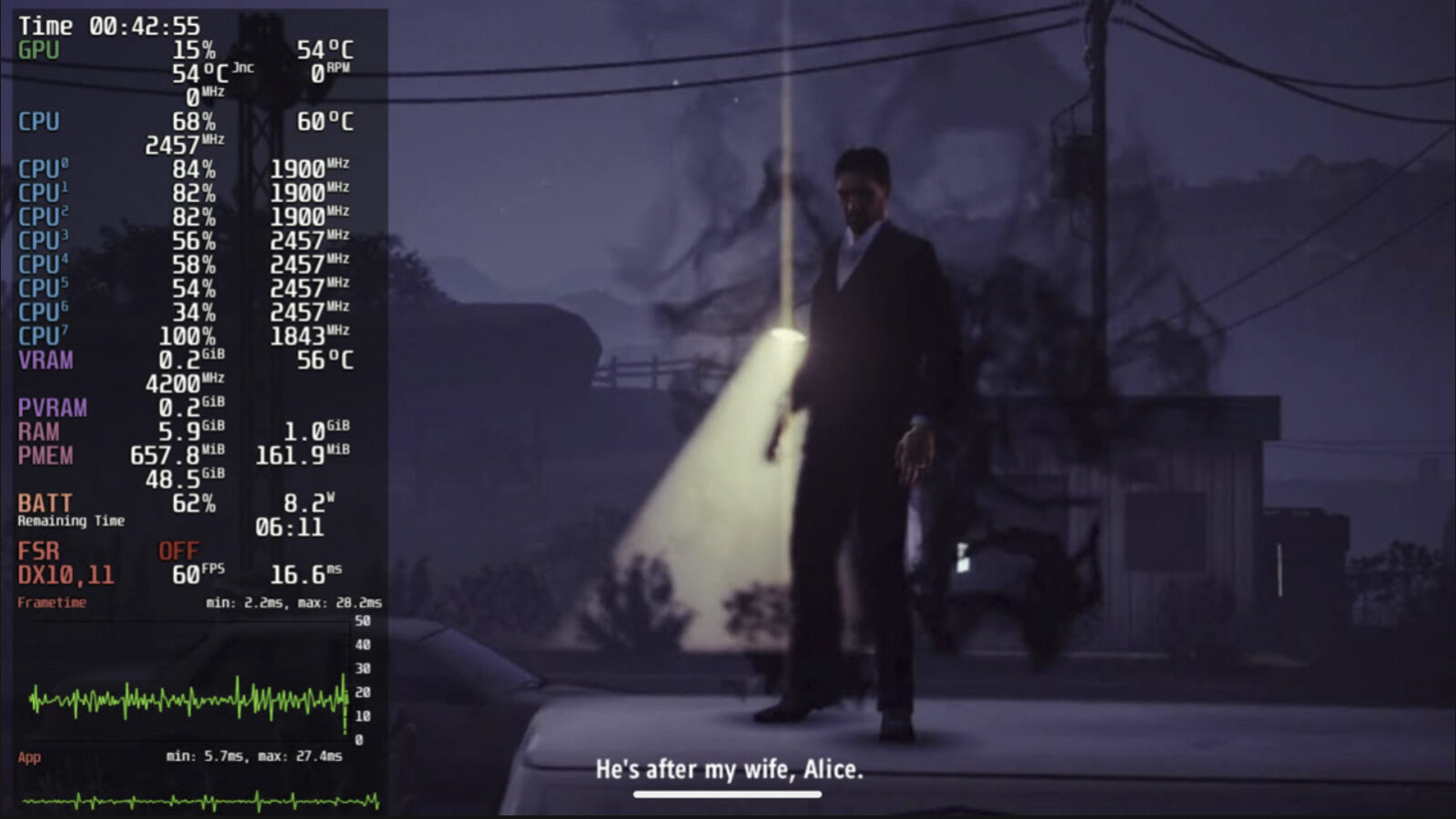 نمای گیمپلی Alan Wake روی Steam Deck با اورلی نمایش کارایی؛ پوشش GPU، دما، مصرف پردازنده، سرعت فریم ۶۰ و نمودار Frame-time در سمت چپ تصویر