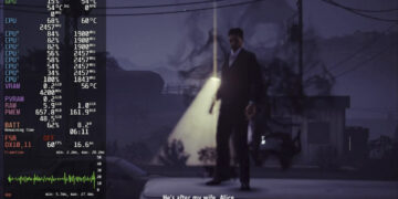 نمای گیمپلی Alan Wake روی Steam Deck با اورلی نمایش کارایی؛ پوشش GPU، دما، مصرف پردازنده، سرعت فریم ۶۰ و نمودار Frame-time در سمت چپ تصویر