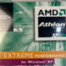 عکس بستهبندی قدیمی پردازنده AMD: نمای نزدیک از جعبه پلاستیکی پردازنده AMD Athlon XP با مدل 1800+ که روی آن لوگوی مشکی AMD Athlon، نوار نارنجی رنگ با عبارت «EXTREME PERFORMANCE» و برچسب «for Windows XP» روی پسزمینه سبز و موجدار دوران اوایل دهه ۲۰۰۰ دیده میشود.