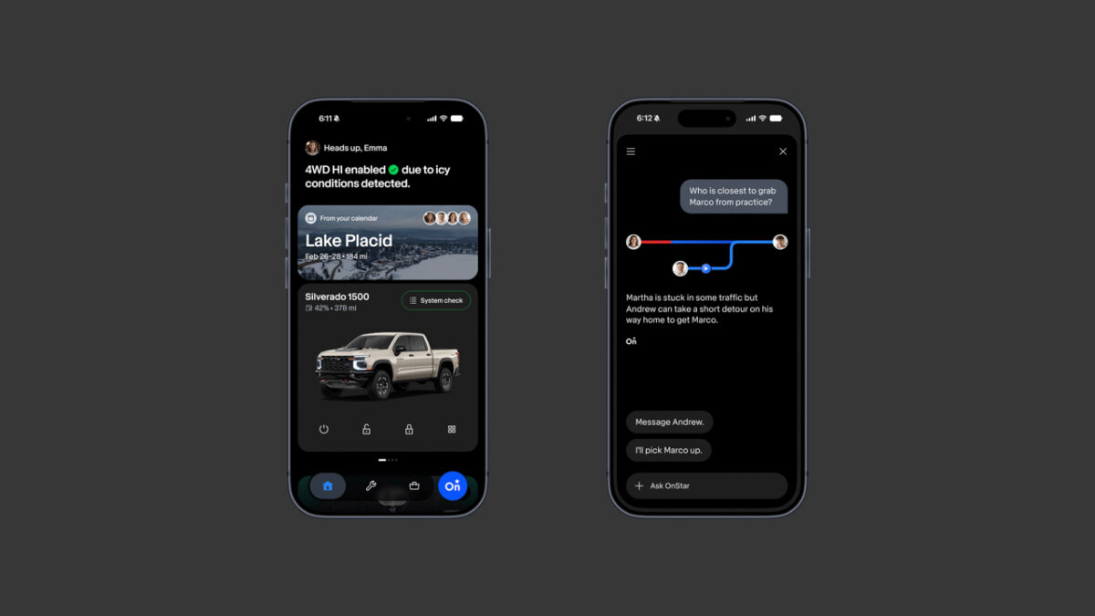نمای رابط کاربری دستیار هوش مصنوعی OnStar جنرال موتورز روی دو گوشی هوشمند با قابلیت نمایش وضعیت خودرو، هشدارهای فنی و پیشنهاد مسیر