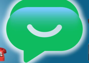 لوگوی بزرگ سبز Google Messages در مرکز زمینه آبی، احاطه‌شده با نمادهای صندوق پست، تلفن ثابت، ایموجی کابوی و گوشی هوشمند.