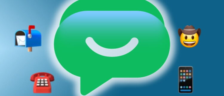 لوگوی بزرگ سبز Google Messages در مرکز زمینه آبی، احاطهشده با نمادهای صندوق پست، تلفن ثابت، ایموجی کابوی و گوشی هوشمند.