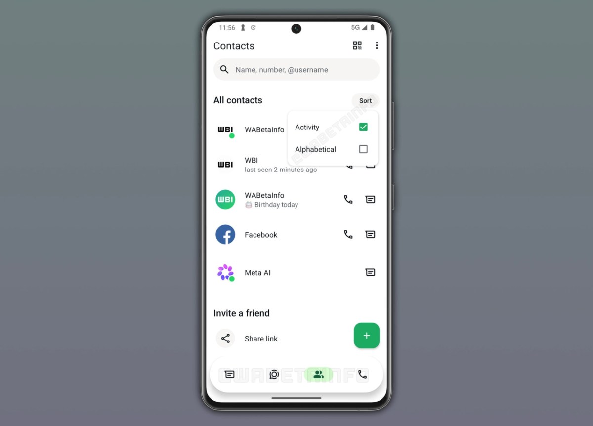اسکرینشات از رابط کاربری بخش مخاطبین (Contacts) در اپلیکیشن واتساپ روی گوشی اندرویدی: منوی پاپآپِ مرتبسازی (Sort) با دو گزینهی Activity (دارای تیک سبز فعال) و Alphabetical نمایش داده شده است. فهرست مخاطبین شامل WABetaInfo، WBI، فیسبوک و Meta AI همراه با آیکونهای تماس صوتی و چت و دکمهی شناور سبزرنگ با علامت مثبت در پایین است.