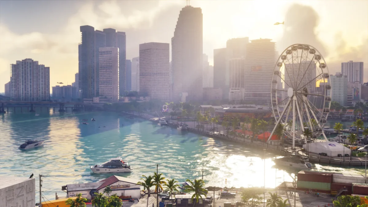 نمای ساحلی شهر Vice City در بازی GTA 6 با ساختمان‌های بلند، چرخ‌وفلک بزرگ و قایق‌های تفریحی