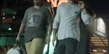 نمای نزدیک از دو شخصیت بازی Grand Theft Auto VI با پوشش و تجهیزات مختلف در یک محیط شبانه شهری.
