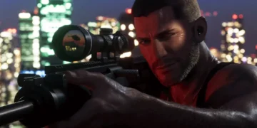 شخصیت اصلی GTA 6 در شب و در پس‌زمینه چراغ‌های شهر، با تفنگ دوربین‌دار به هدفی بیرون از قاب نشانه می‌رود.
