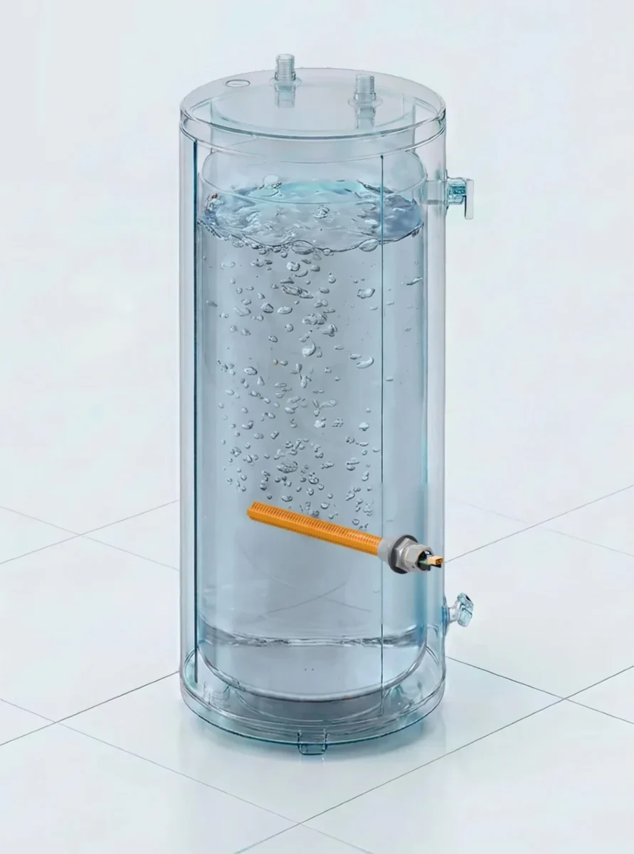 نمای شفاف مخزن آبگرمکن برقی مجهز به المنت هوشمند Bitwater که از گرمای تولیدشده هنگام استخراج بیتکوین برای گرم کردن آب استفاده میکند