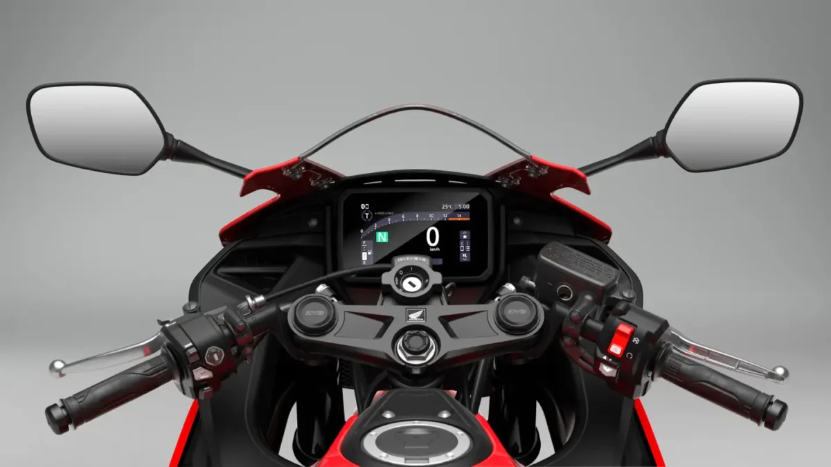 نمای کابین راننده موتورسیکلت هوندا CBR500R FOUR با نمایشگر دیجیتال TFT پنج‌اینچی، فرمان اسپرت و آینه‌های جانبی 