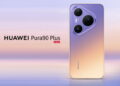 گوشی هوآوی پورا ۹۰ پلاس به رنگ بنفش و طلایی در کنار عبارت «HUAWEI Pura 90 Plus» و لوگوی XMAGE روی پسزمینه افق.