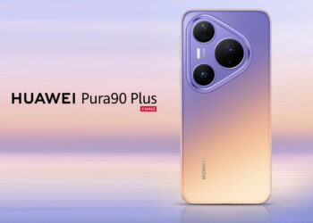 گوشی هوآوی پورا ۹۰ پلاس به رنگ بنفش و طلایی در کنار عبارت «HUAWEI Pura 90 Plus» و لوگوی XMAGE روی پسزمینه افق.