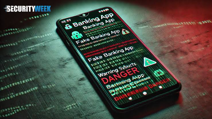 گرافیک خبری از SecurityWeek شامل یک گوشی هوشمند سیاه که با تیلت روی پسزمینهای سبز و قرمز از کدهای دیجیتال قرار گرفته و روی نمایشگر آن عبارتهای Banking App و Fake Banking App به همراه آیکونهای هشدار و کلمه DANGER به رنگ قرمز بهصورت چندلایه تکرار شده است؛ لوگوی SecurityWeek در گوشه بالا سمت چپ قرار دارد