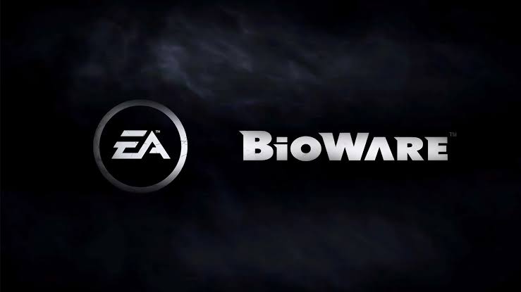 لوگوهای سفید EA و BioWare در کنار هم روی پسزمینهای تیره و دودی.