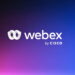 لوگوی سفید Webex به همراه عبارت «by CISCO» در مرکز یک پسزمینهی گرادیانی که از نارنجی و صورتی در پایین به آبی و بنفش در بالا میرسد