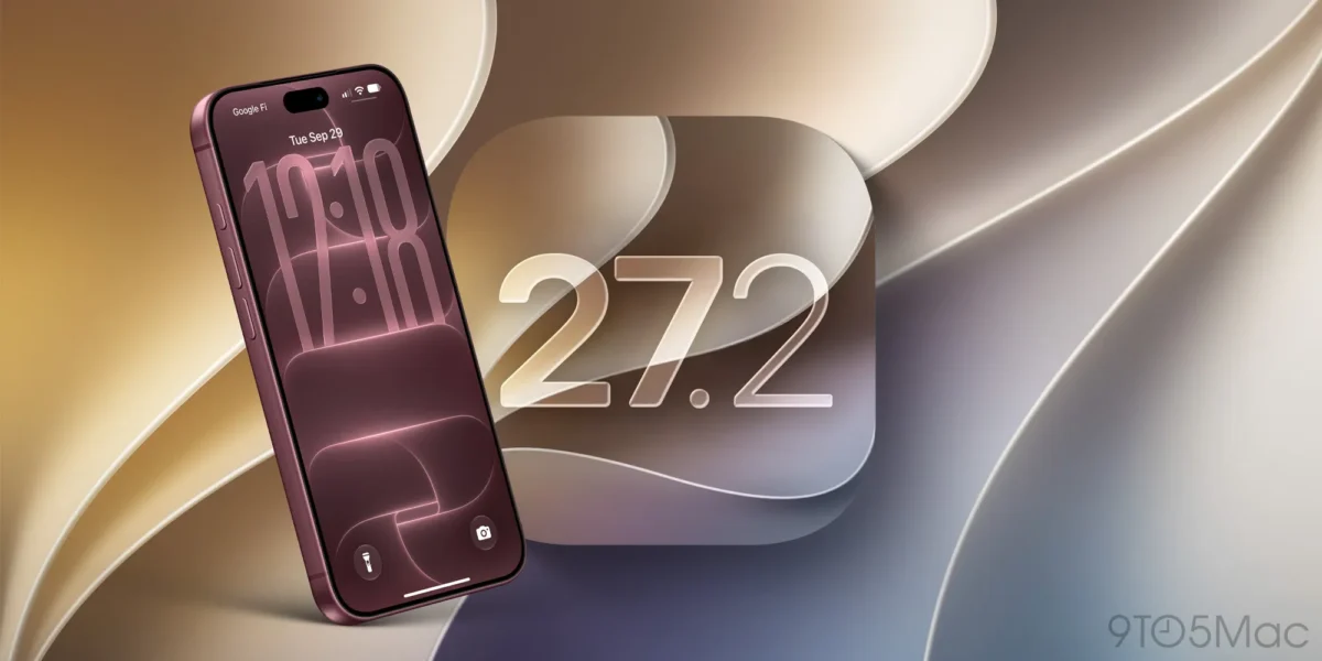 آیفون ۱۸ پرو به رنگ سرخ تیره (Burgundy) با صفحه‌نمایش روشن و ویجت ساعت iOS 27.2 در کنار نماد بزرگ این نسخه روی پس‌زمینه موج‌دار.