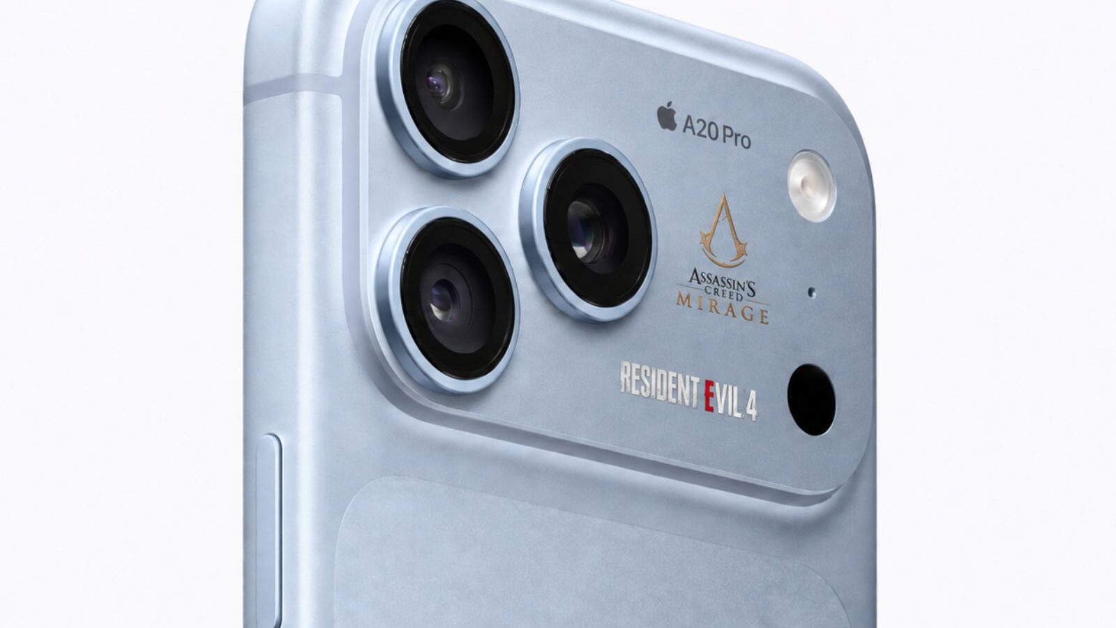 نمای نزدیک از گوشهی بالای iPhone 18 Pro Max آبیرنگ با پنل دوربین سهگانه و نوشتهی A20 Pro، همراه با لوگوهای Assassin’s Creed Mirage و Resident Evil 4 روی بدنه
