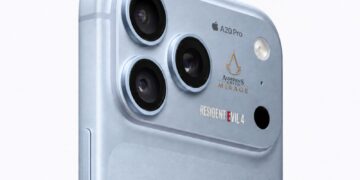 نمای نزدیک از گوشهی بالای iPhone 18 Pro Max آبیرنگ با پنل دوربین سهگانه و نوشتهی A20 Pro، همراه با لوگوهای Assassin’s Creed Mirage و Resident Evil 4 روی بدنه
