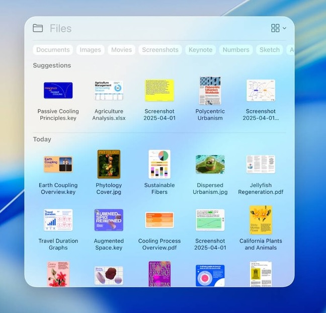 پنجرهی برنامهی Files در macOS با فایلهای اخیر و پیشنهادی، شامل اسناد، تصاویر، ویدیوها و فایلهای ارائه.