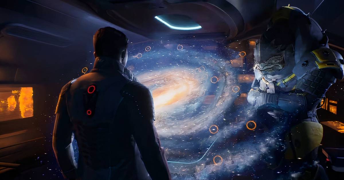 صحنهای از بازی مسیایکت (Mass Effect)؛ دو شخصیت فضایی، از جمله یک بیگانهی کروگان، در کنار نمایشگر سهبعدی بزرگ کهکشانی درون سفینه.