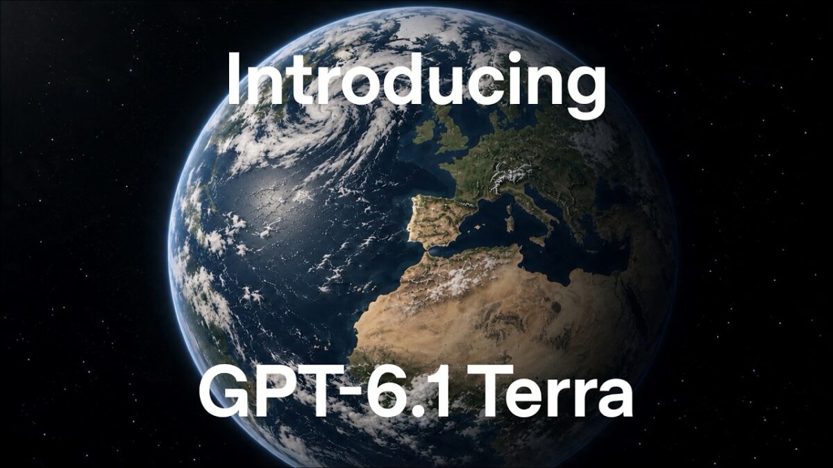 تصویر زمین از فضا با نوشته «Introducing GPT-6.1 Terra» روی آن.
