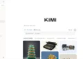 نمای محیط کاربری وب‌سایت و ابزار هوش مصنوعی Kimi با منوی کناری، نوار جستجو و قالب‌های آماده سه‌بعدی و طراحی.