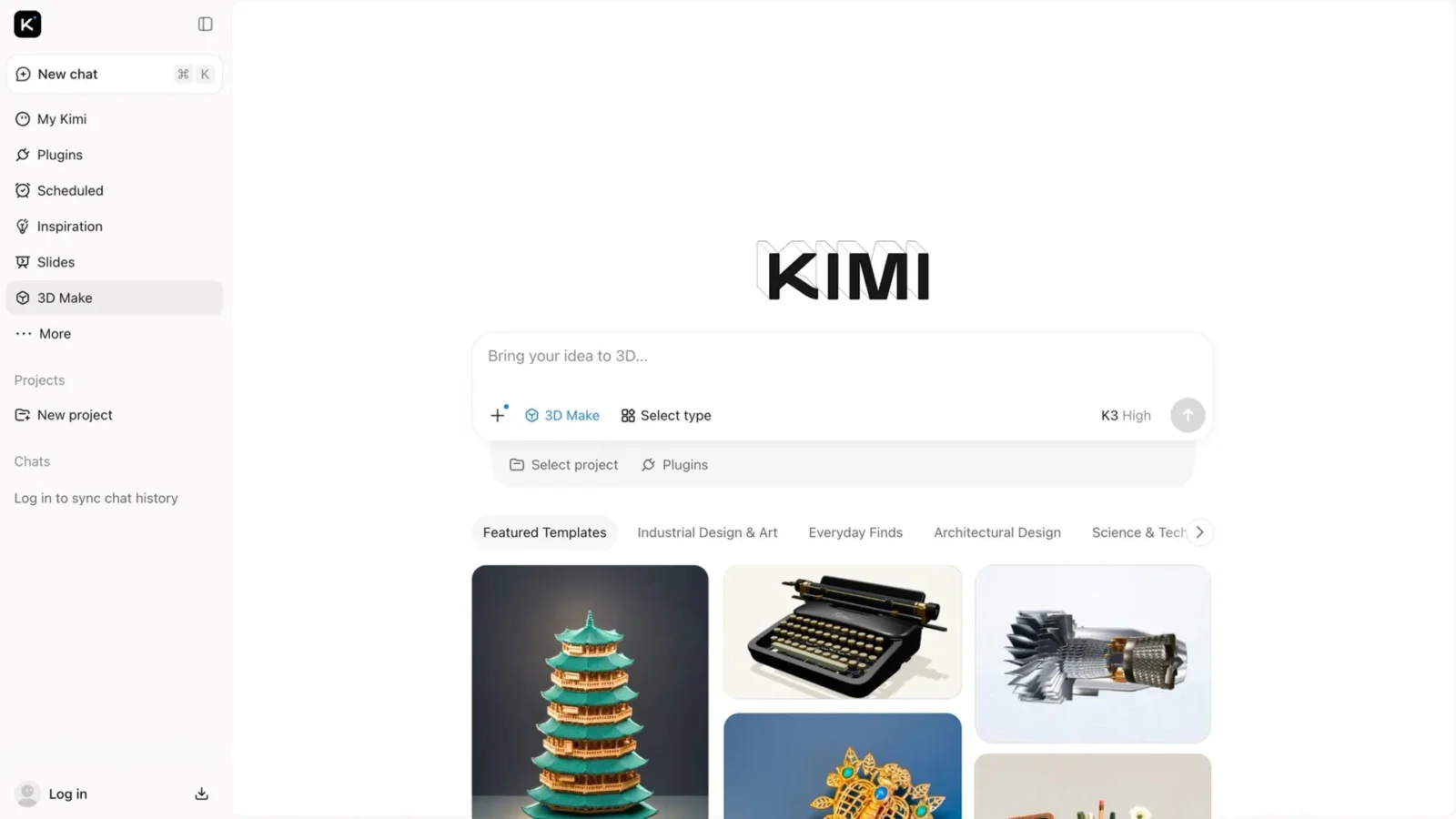 نمای محیط کاربری وبسایت و ابزار هوش مصنوعی Kimi با منوی کناری، نوار جستجو و قالبهای آماده سهبعدی و طراحی.