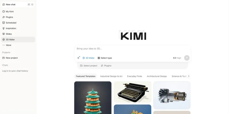 نمای محیط کاربری وب‌سایت و ابزار هوش مصنوعی Kimi با منوی کناری، نوار جستجو و قالب‌های آماده سه‌بعدی و طراحی.