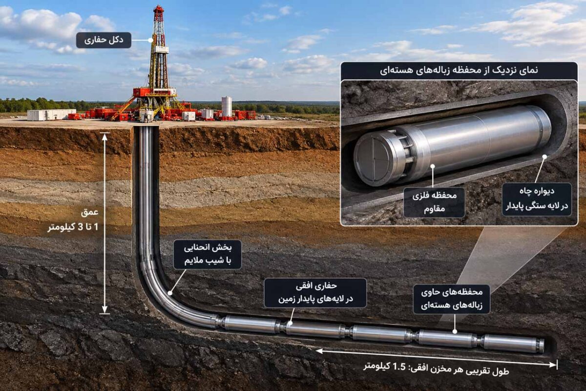 دیاگرام نحوه دفن زبالههای هستهای در عمق یک تا سه کیلومتری زمین با استفاده از حفاری عمودی و افقی و قرار دادن محفظههای فلزی حاوی مواد رادیواکتیو در لایههای سنگی پایدار