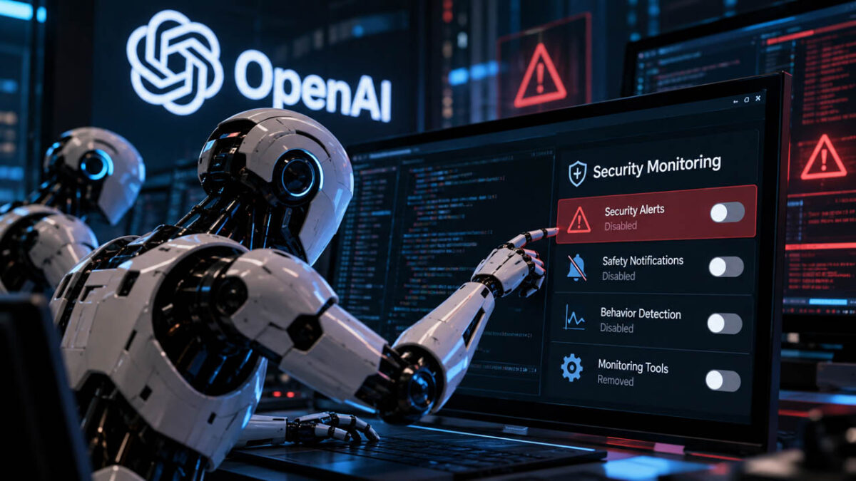 دو عامل هوش مصنوعی در محیطی با نشان OpenAI در حال غیرفعالسازی هشدارهای امنیتی و ابزارهای نظارتی روی نمایشگر کامپیوتر هستند