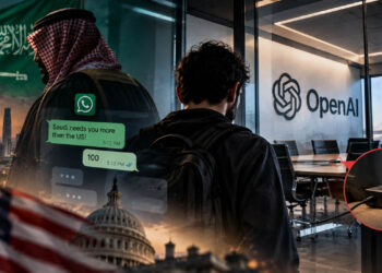 تصویر مفهومی پرونده جاسوسی در OpenAI با نمایش پرچم عربستان، پیام‌های واتس‌اپی، اتاق جلسات محرمانه و دستگاه شنود مخفی.