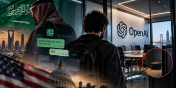 تصویر مفهومی پرونده جاسوسی در OpenAI با نمایش پرچم عربستان، پیام‌های واتس‌اپی، اتاق جلسات محرمانه و دستگاه شنود مخفی.