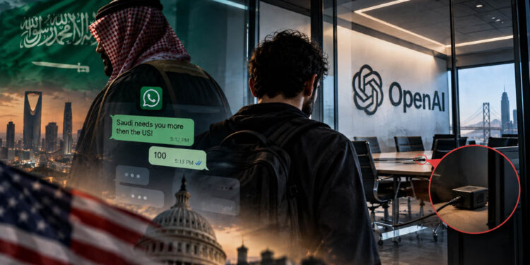 تصویر مفهومی پرونده جاسوسی در OpenAI با نمایش پرچم عربستان، پیام‌های واتس‌اپی، اتاق جلسات محرمانه و دستگاه شنود مخفی.
