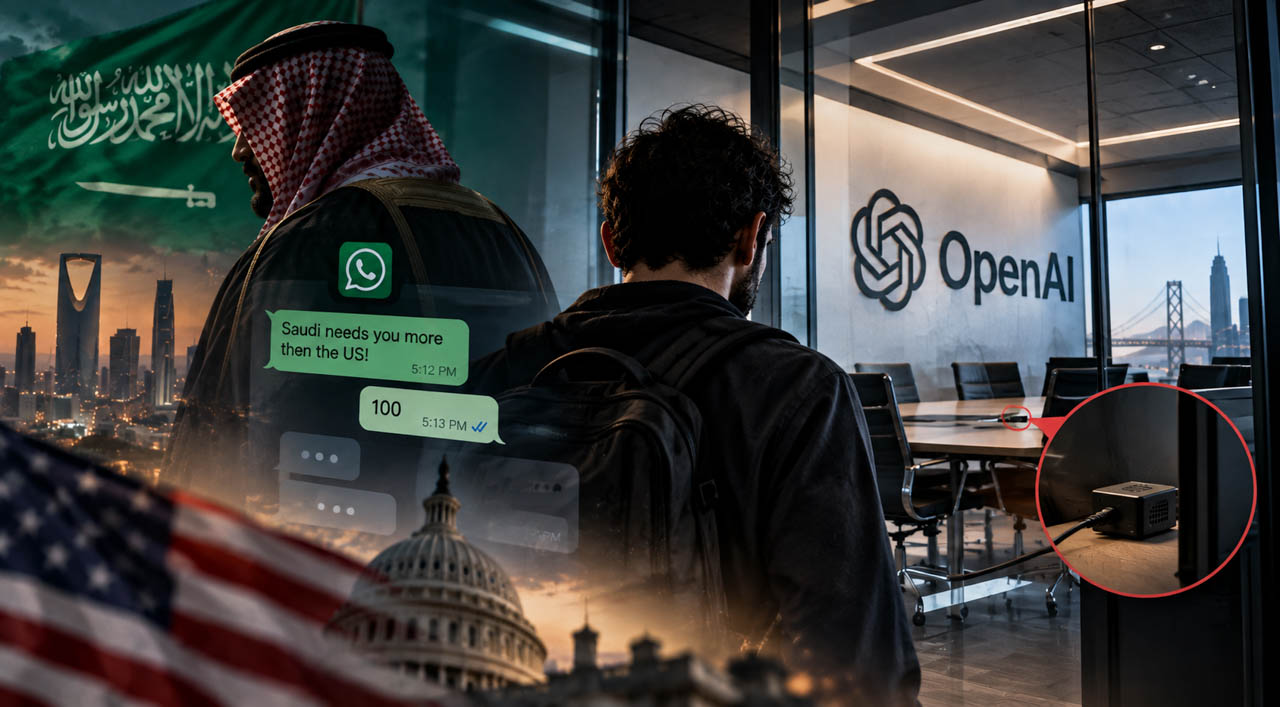 تصویر مفهومی پرونده جاسوسی در OpenAI با نمایش پرچم عربستان، پیامهای واتساپی، اتاق جلسات محرمانه و دستگاه شنود مخفی.