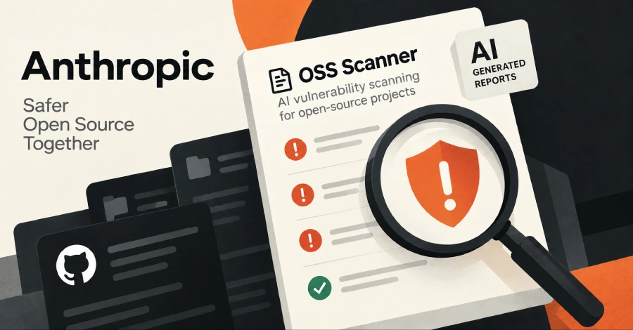 پوستر معرفی ابزار امنیتی OSS Scanner توسط Anthropic: طرح گرافیکی رسمی با پسزمینه سفید، مشکی و نارنجی که لوگوی شرکت Anthropic و عبارت «Safer Open Source Together» در سمت چپ آن قرار دارد. در مرکز تصویر، یک برگه گزارش امنیتی با عنوان «OSS Scanner: AI vulnerability scanning for open-source projects» و کارتهای تاریک مخازن GitHub همراه با یک ذرهبین بزرگ دیده میشود که روی یک سپر محافظتی نارنجیرنگ حاوی علامت تعجب متمرکز شده است.