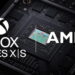 نمای نزدیک از برد الکترونیکی و پردازندهی یک کنسول بازی همراه با لوگوهای Xbox Series X|S و AMD.