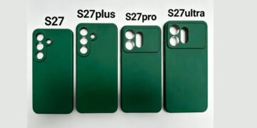 طرح پشتی چهار گوشی سامسونگ سری S27 به رنگ سبز تیره، با برچسبهای S27، S27 Plus، S27 Pro و S27 Ultra و آرایشهای متفاوت دوربین