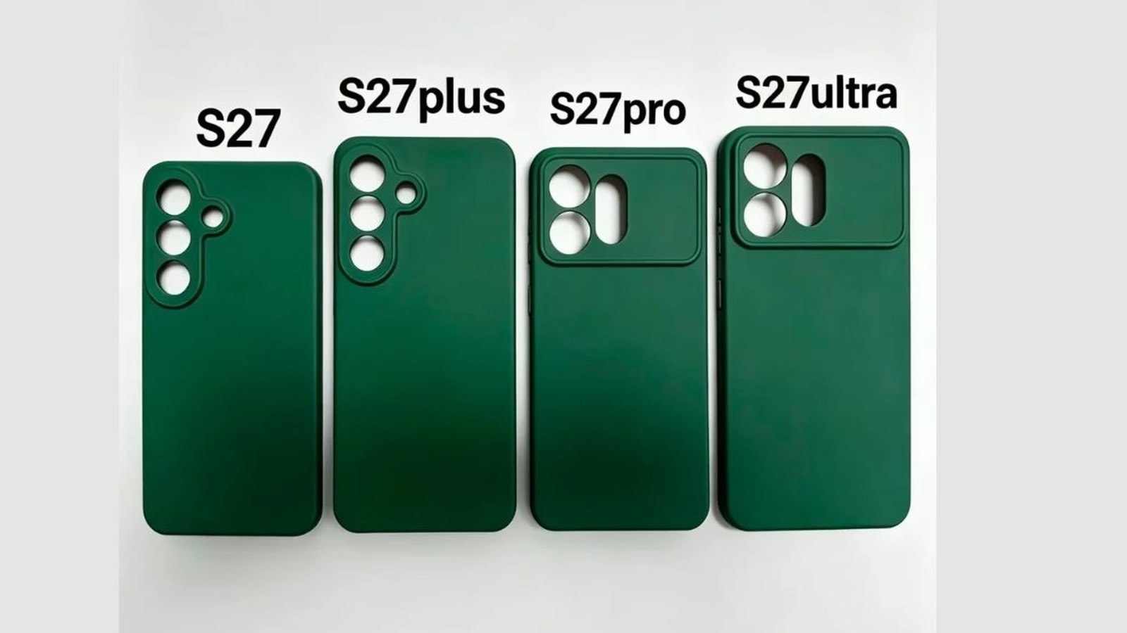 طرح پشتی چهار گوشی سامسونگ سری S27 به رنگ سبز تیره، با برچسبهای S27، S27 Plus، S27 Pro و S27 Ultra و آرایشهای متفاوت دوربین